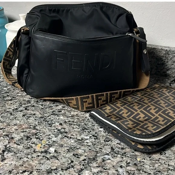 Fendi Black Messenger Bag with Logo Tan Strap - Picture 2 of 3